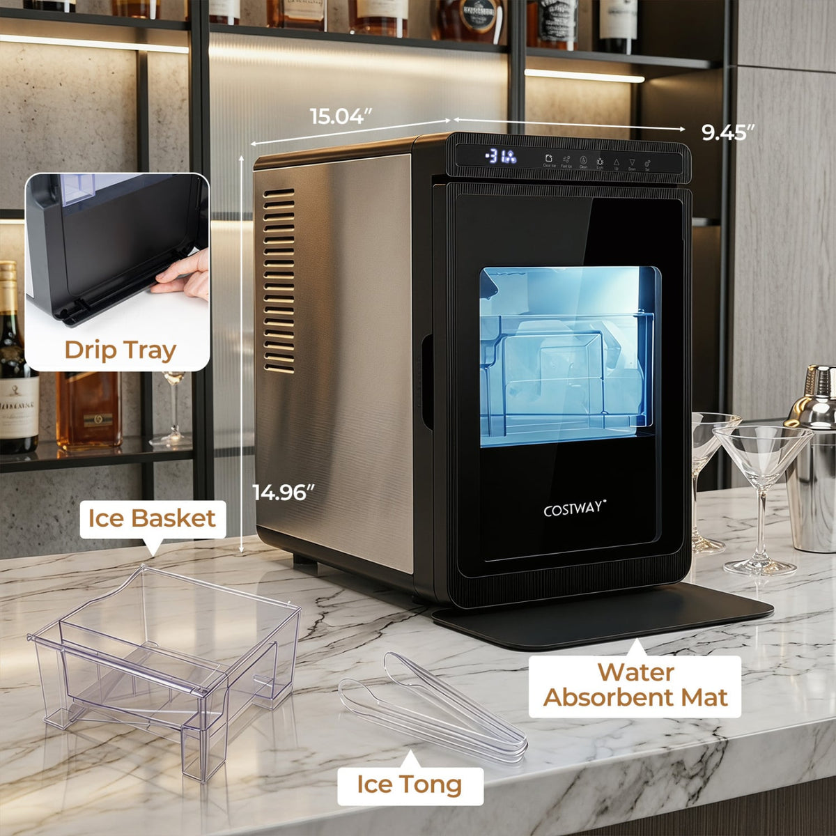 Clear Ice Cube Maker Countertop 1.6 Inches Large Square Ice Cubes-Silver-Ice Makers-DECOROLALA
