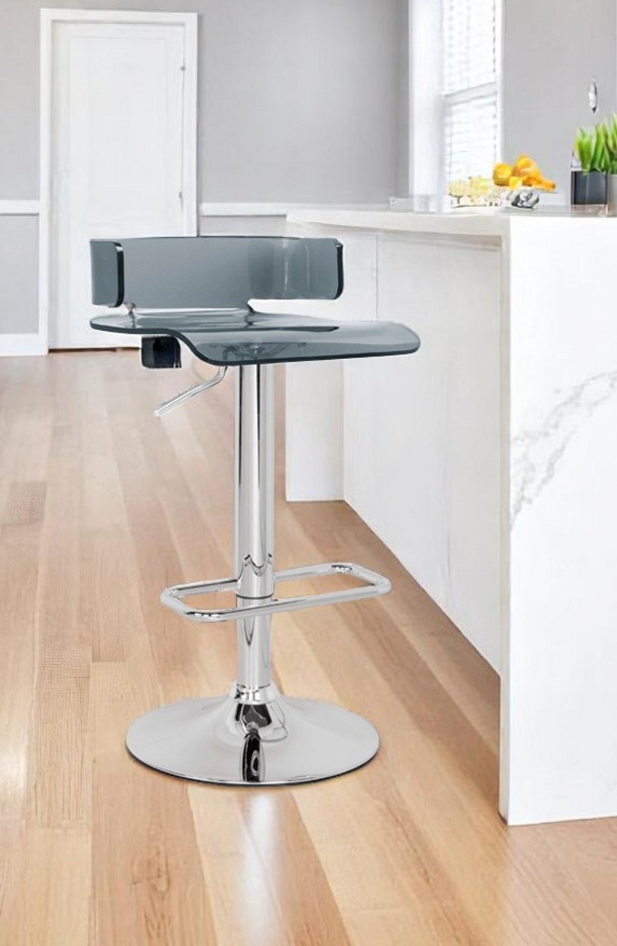 Clear and Silver Acrylic and Metal Low Back Adjustable Height Swivel Bar Chair-Bar Chairs-DECOROLALA