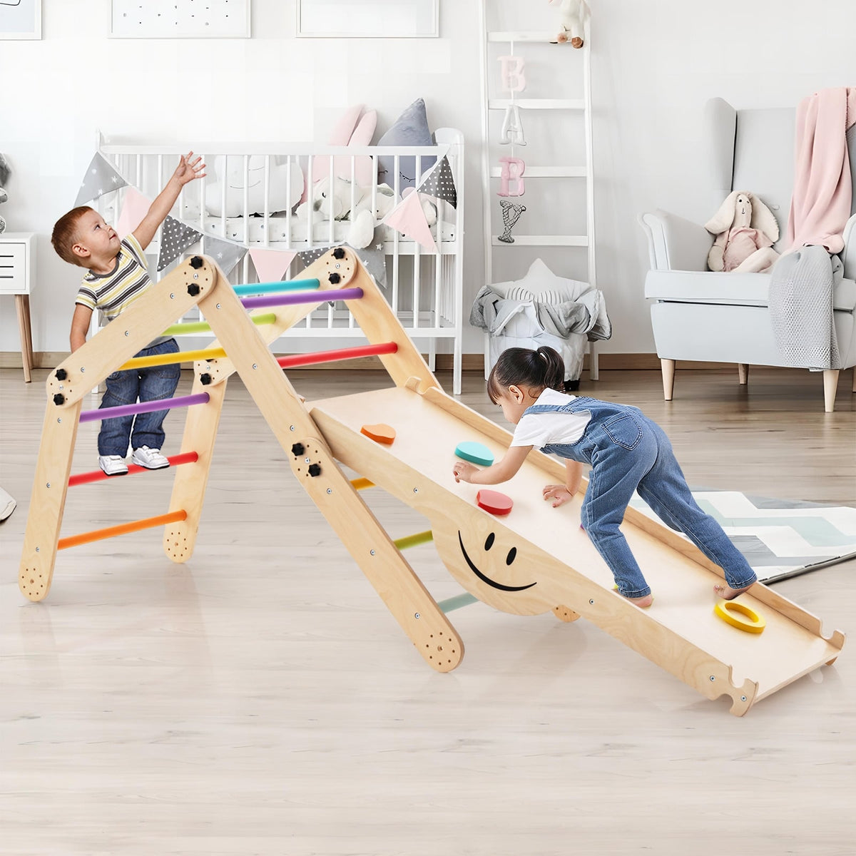 Climbing Triangle Ladder and Ramp Set - Wooden Indoor Jungle Gym