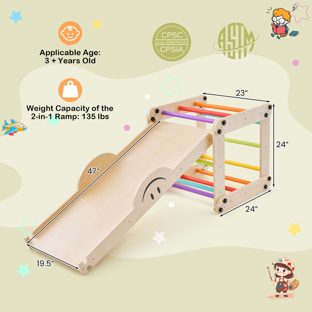 Climbing Triangle Ladder and Ramp Set - Wooden Indoor Jungle Gym
