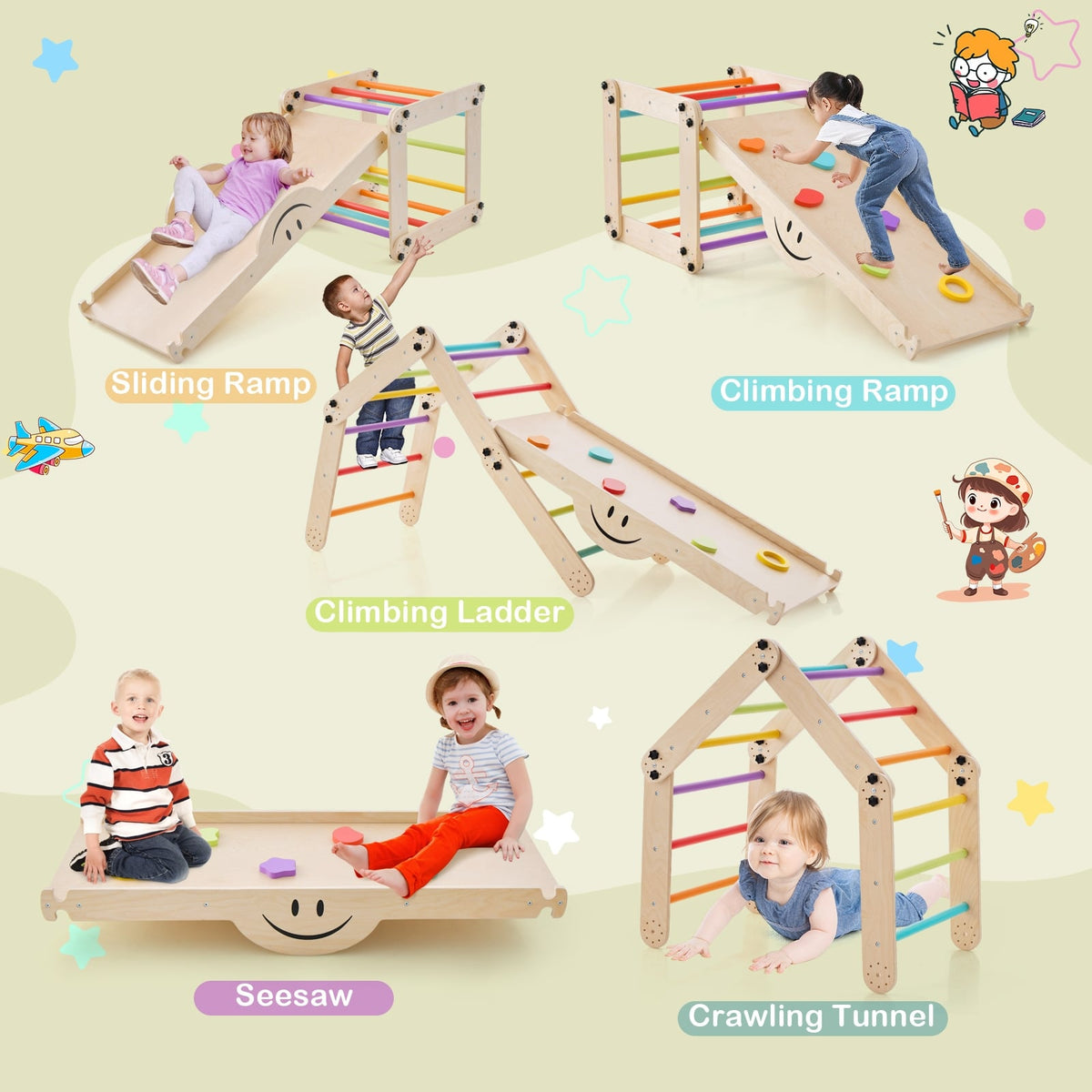 Climbing Triangle Ladder and Ramp Set - Wooden Indoor Jungle Gym