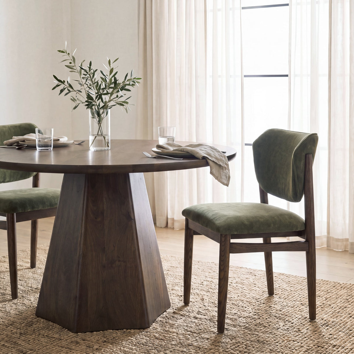 Cline Curved Back Dining Side Chair | Olive Fabric w/ Brown Wood-Dining Chairs-DECOROLALA