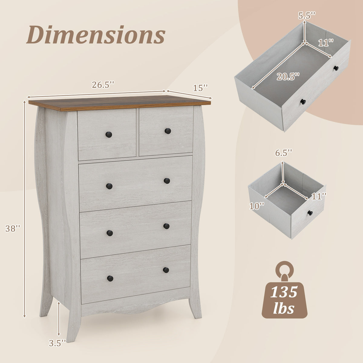 Closet Storage Organizer with 5 Folding Fabric Drawers and Anti-tipping Kit-Gray-Dressers & Chests-DECOROLALA