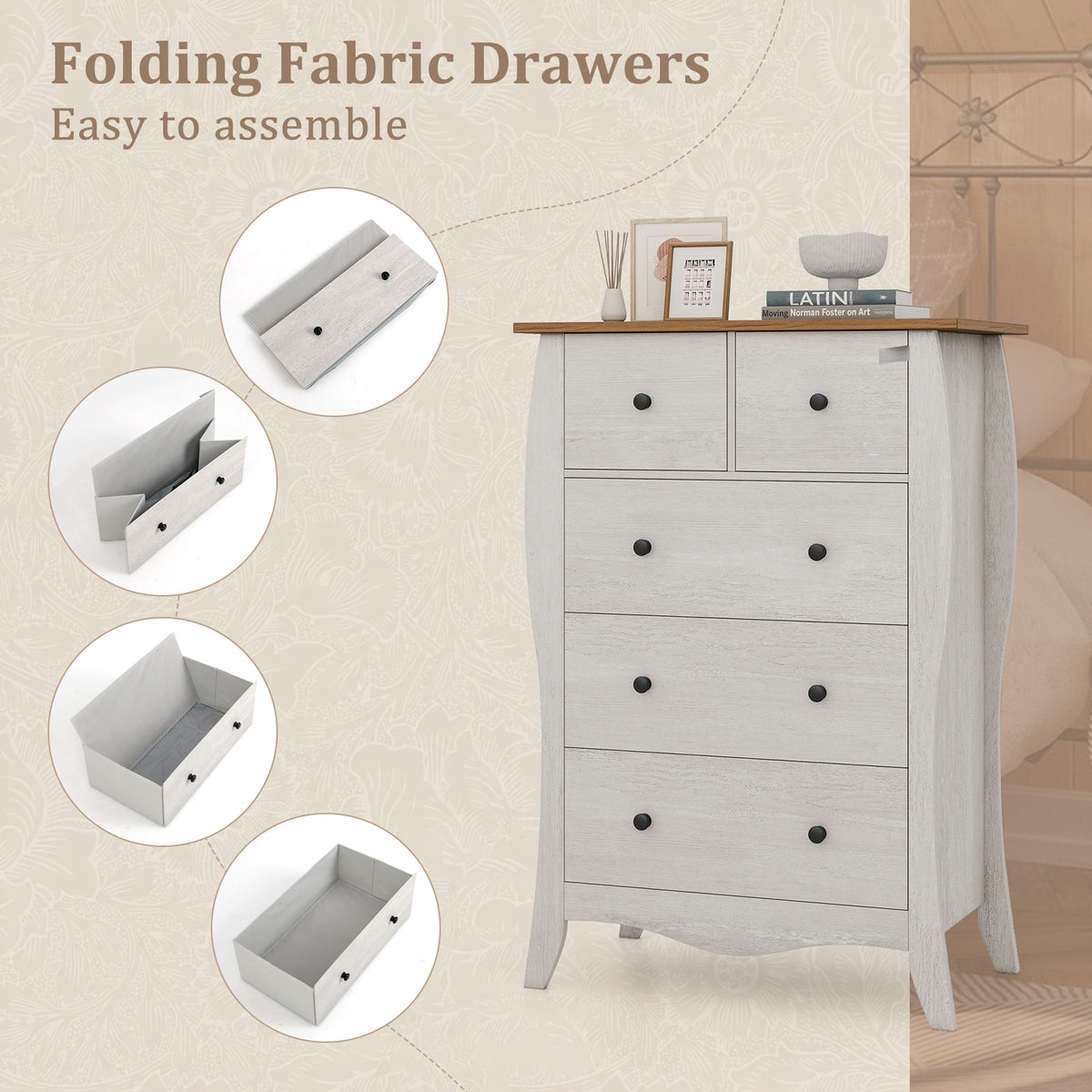 Closet Storage Organizer with 5 Folding Fabric Drawers and Anti-tipping Kit-Gray-Dressers & Chests-DECOROLALA