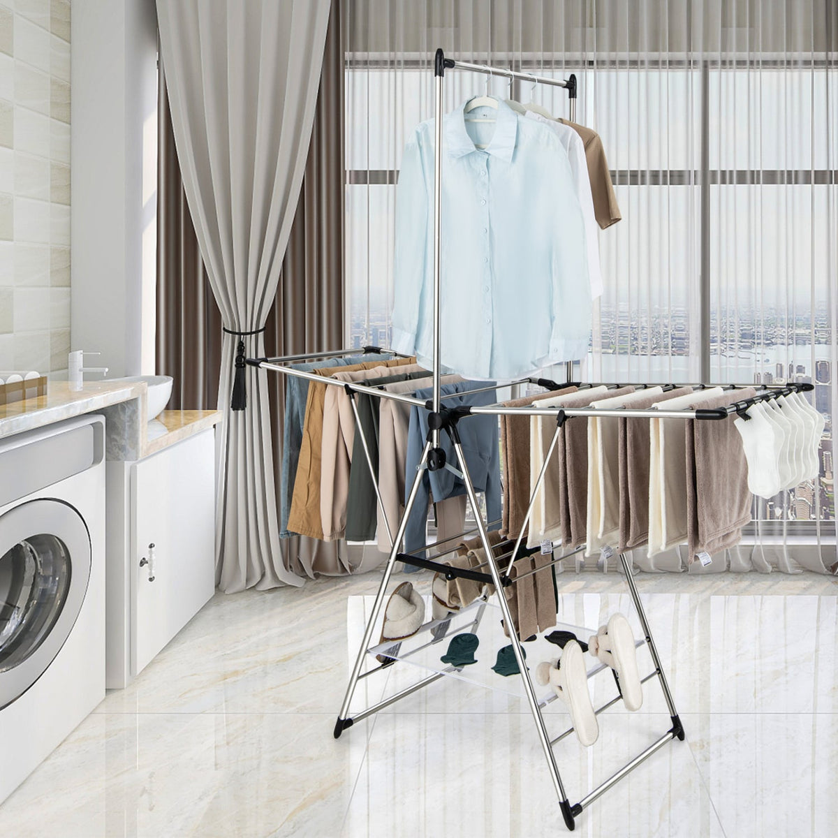 Clothes Drying Rack with 6-Level Adjustable Height-Laundry Drying Racks-DECOROLALA