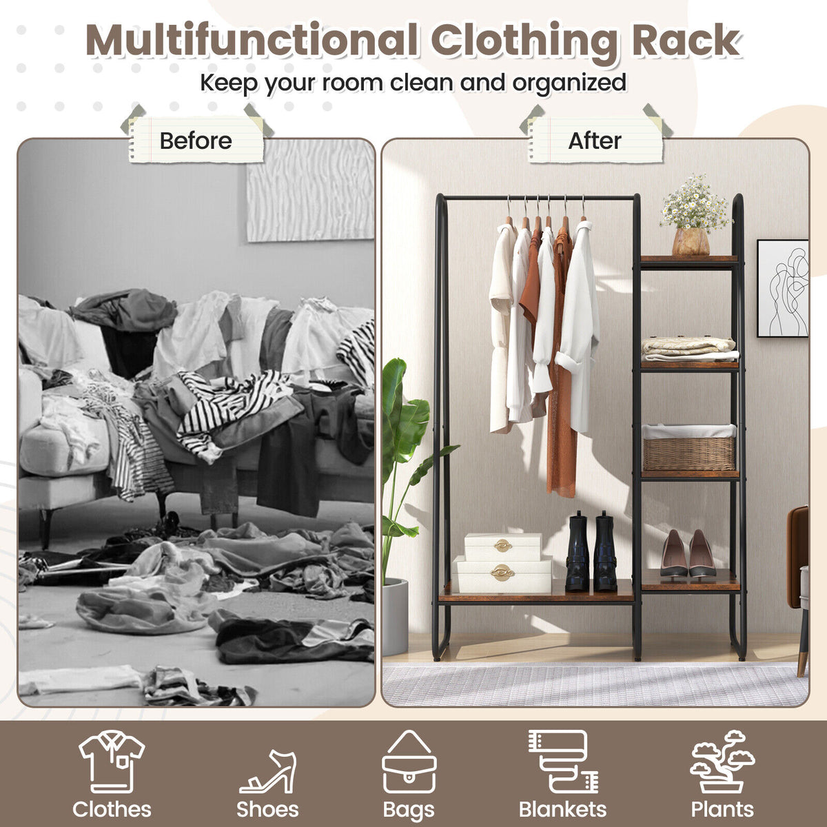 Clothes Rack Free Standing Storage Tower with Metal Frame-Clothing & Closet Storage-DECOROLALA