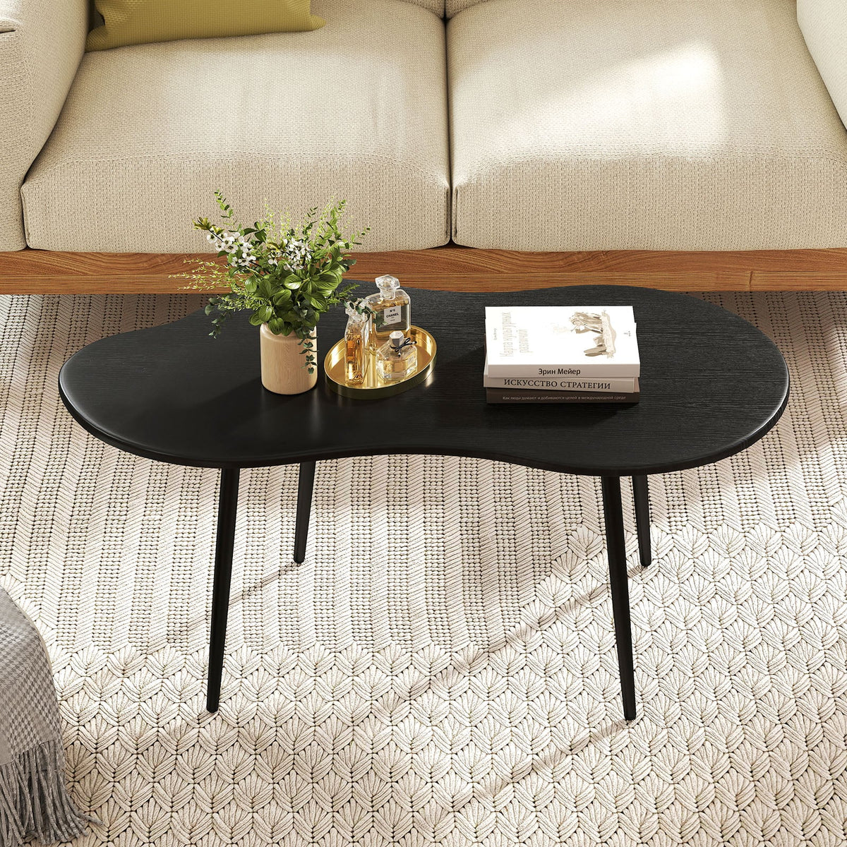 Cloud Shape Coffee Table 39.5 inch Irregular Center Table with Metal Frame-Black-Coffee Tables-DECOROLALA