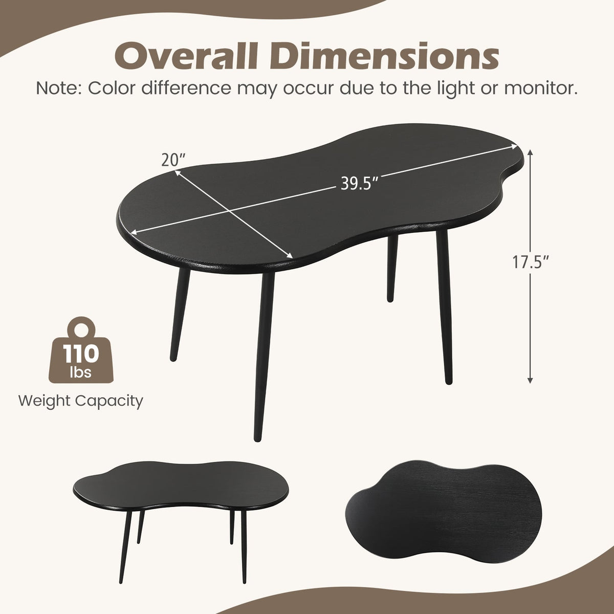Cloud Shape Coffee Table 39.5 inch Irregular Center Table with Metal Frame-Black-Coffee Tables-DECOROLALA