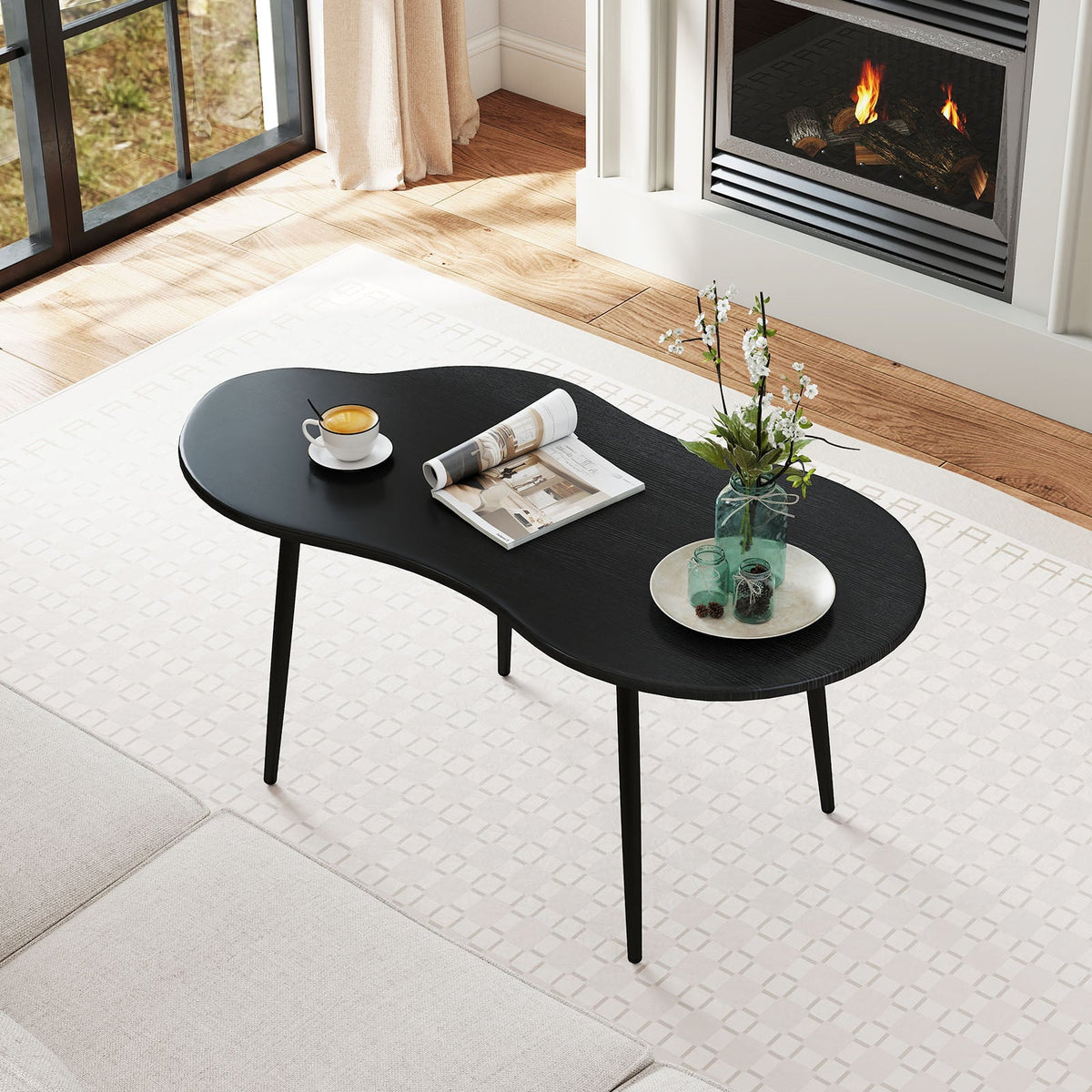 Cloud Shape Coffee Table 39.5 inch Irregular Center Table with Metal Frame-Black-Coffee Tables-DECOROLALA