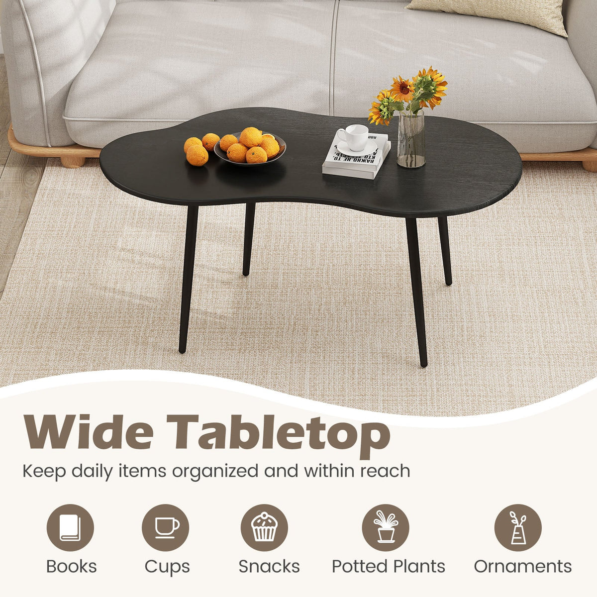 Cloud Shape Coffee Table 39.5 inch Irregular Center Table with Metal Frame-Black-Coffee Tables-DECOROLALA