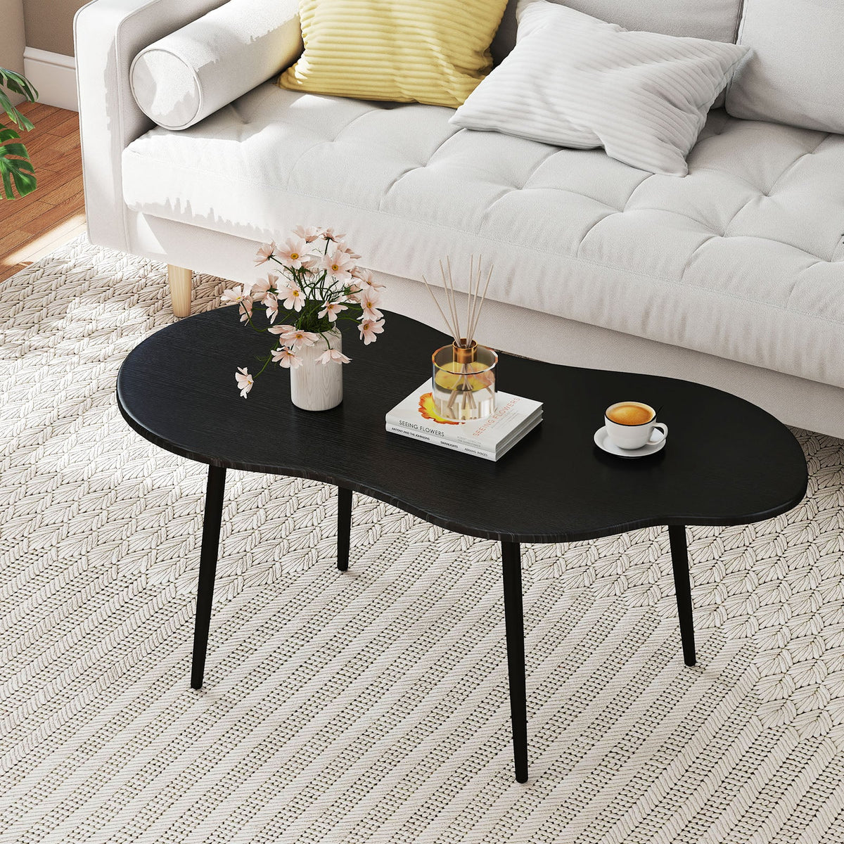 Cloud Shape Coffee Table 39.5 inch Irregular Center Table with Metal Frame-Black-Coffee Tables-DECOROLALA