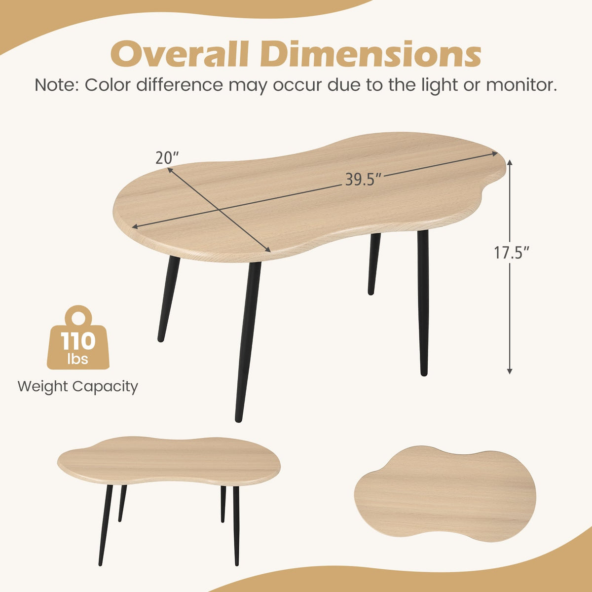 Cloud Shape Coffee Table 39.5 inch Irregular Center Table with Metal Frame-Natural-Coffee Tables-DECOROLALA