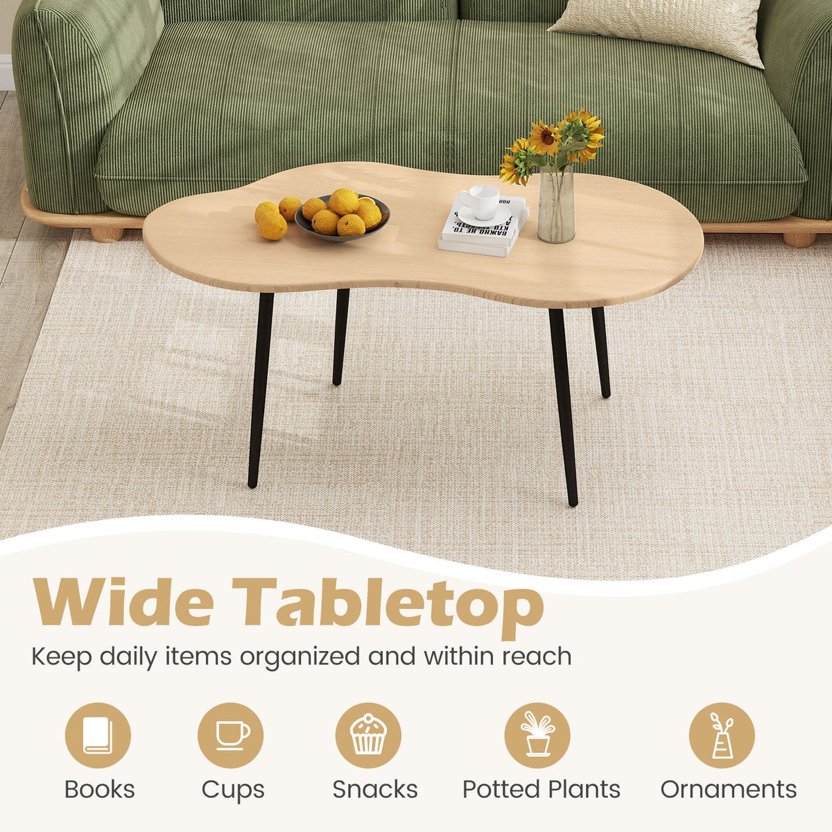 Cloud Shape Coffee Table 39.5 inch Irregular Center Table with Metal Frame-Natural-Coffee Tables-DECOROLALA