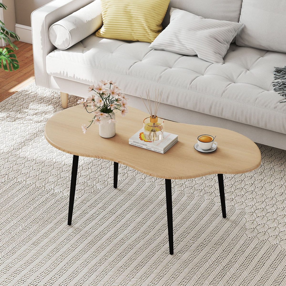 Cloud Shape Coffee Table 39.5 inch Irregular Center Table with Metal Frame-Natural-Coffee Tables-DECOROLALA
