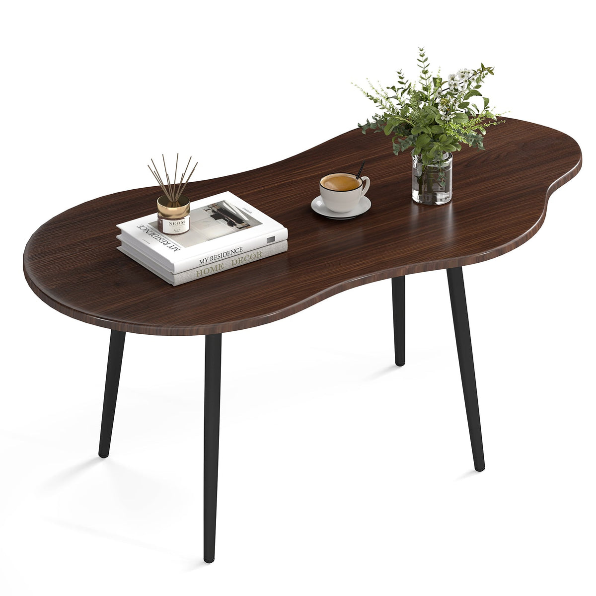 Cloud Shape Coffee Table 39.5 inch Irregular Center Table with Metal Frame-Walnut-Coffee Tables-DECOROLALA