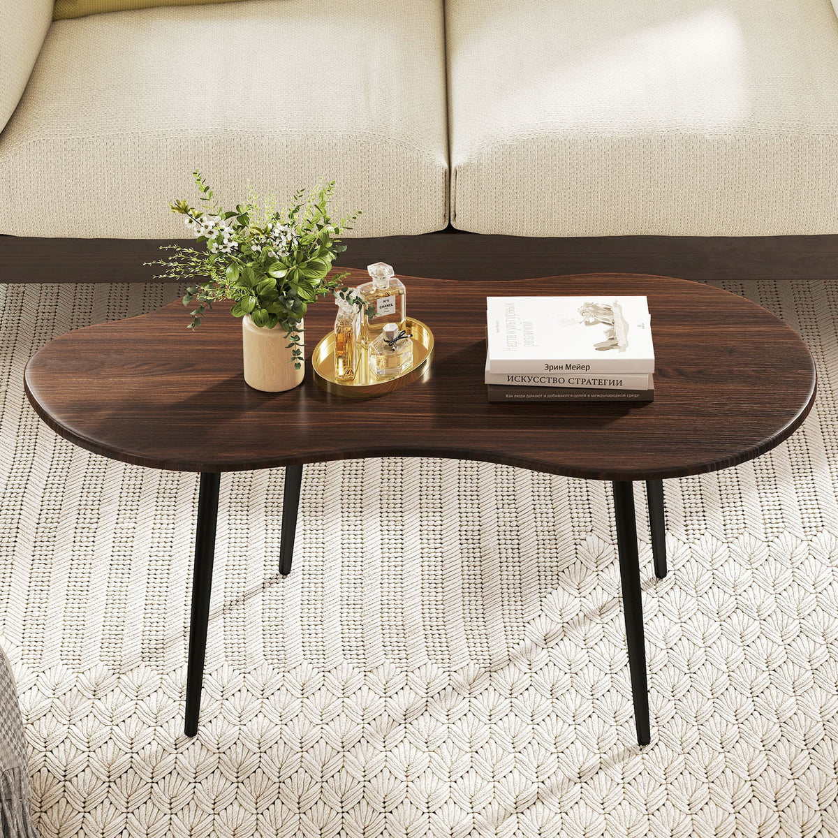 Cloud Shape Coffee Table 39.5 inch Irregular Center Table with Metal Frame-Walnut-Coffee Tables-DECOROLALA