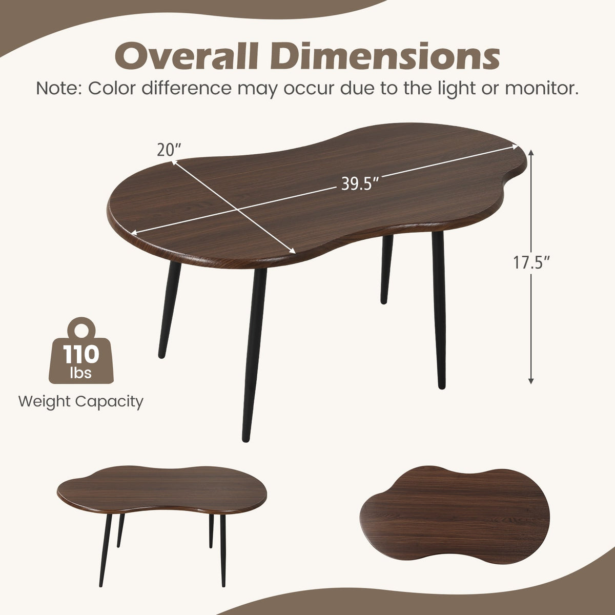 Cloud Shape Coffee Table 39.5 inch Irregular Center Table with Metal Frame-Walnut-Coffee Tables-DECOROLALA