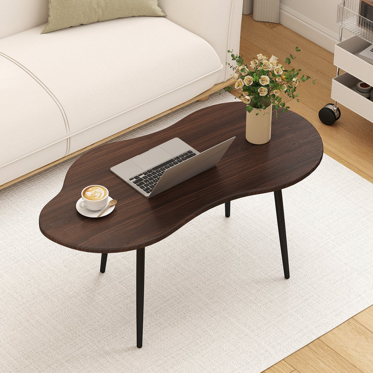 Cloud Shape Coffee Table 39.5 inch Irregular Center Table with Metal Frame-Walnut-Coffee Tables-DECOROLALA