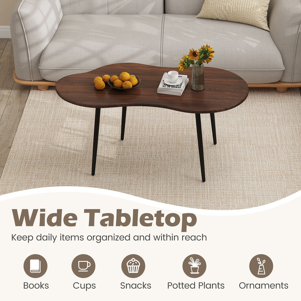 Cloud Shape Coffee Table 39.5 inch Irregular Center Table with Metal Frame-Walnut-Coffee Tables-DECOROLALA
