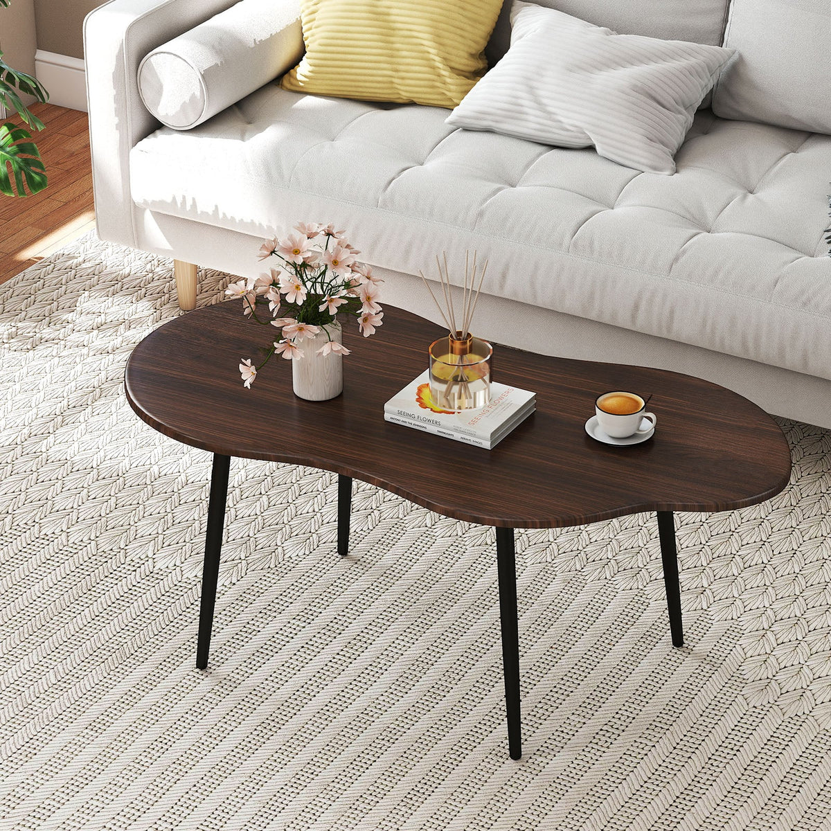 Cloud Shape Coffee Table 39.5 inch Irregular Center Table with Metal Frame-Walnut-Coffee Tables-DECOROLALA