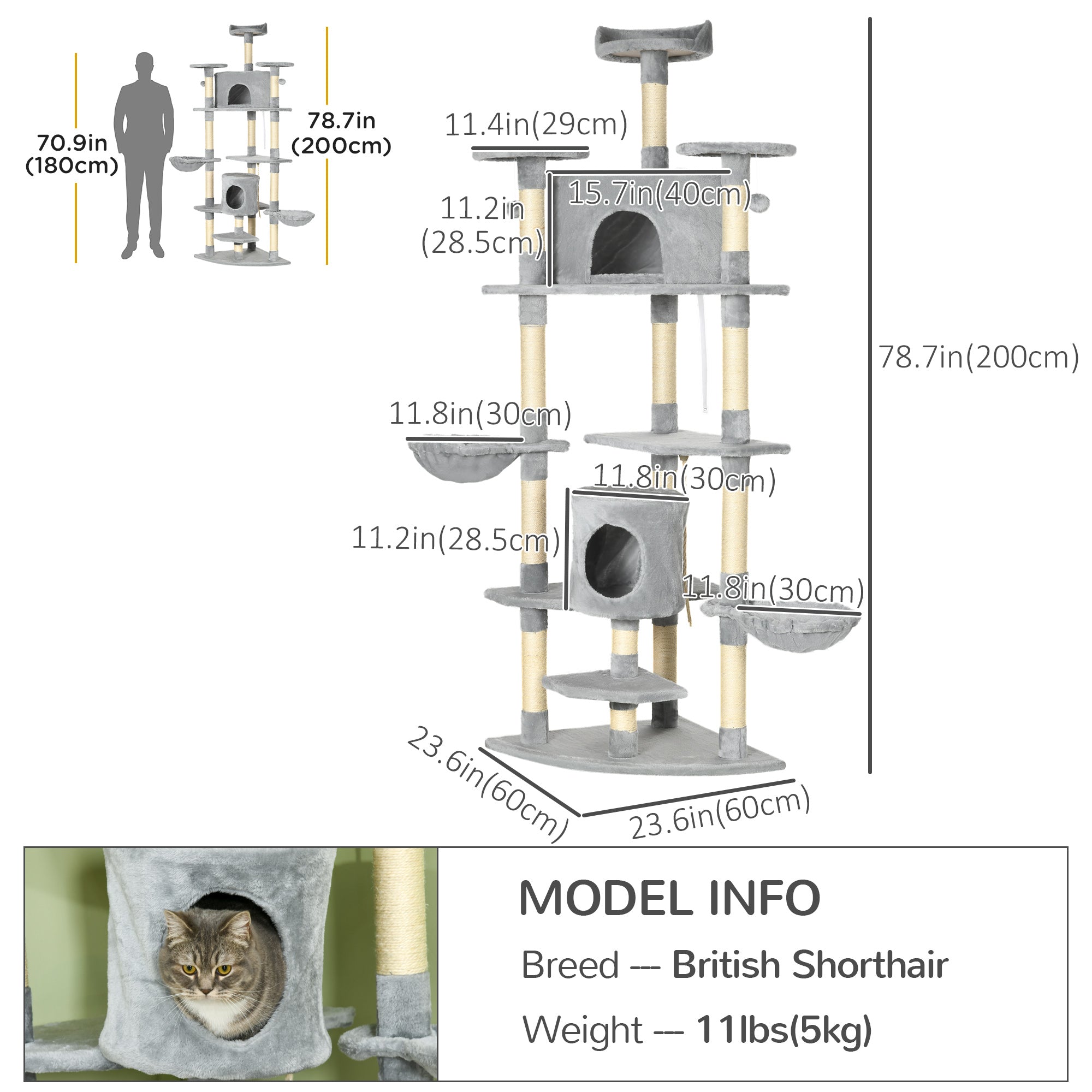 Arbre condo pour chaton de 79" avec griffoir, centre d’activités et jouets, gris clair