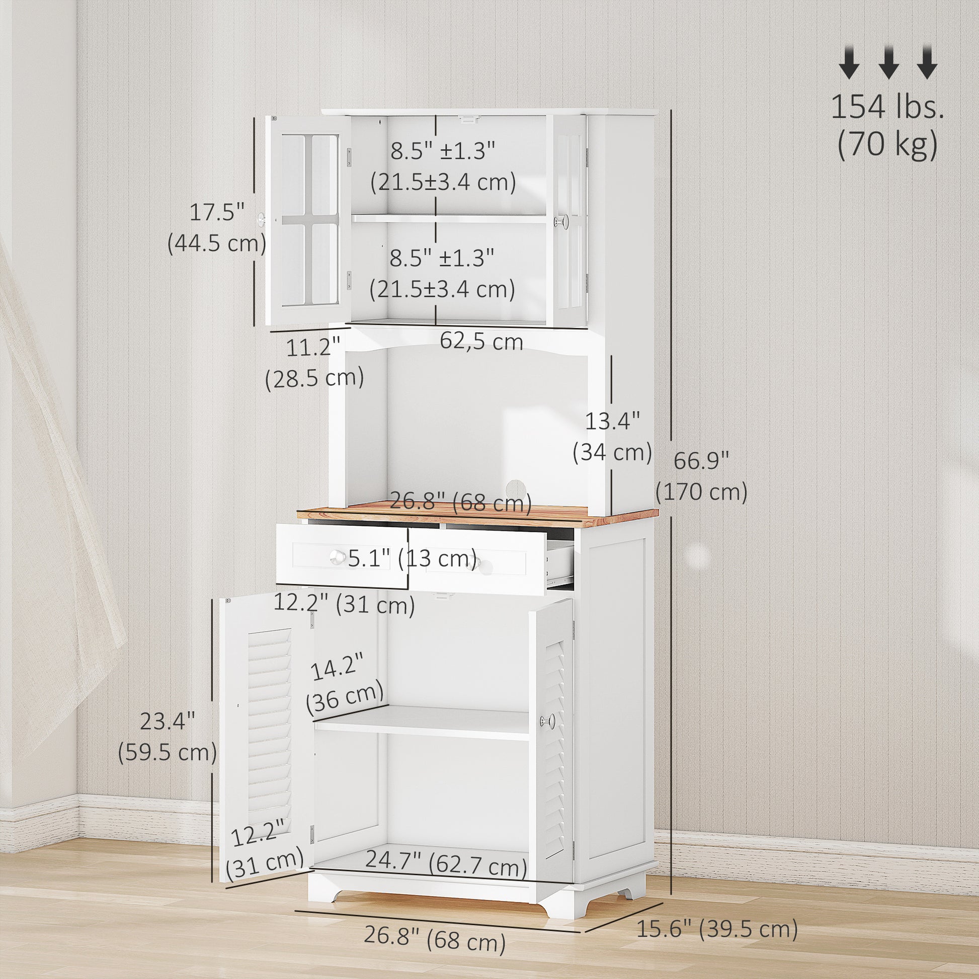 Coastal Kitchen Buffet with Glass & Storage - White 66.9"H-DECOROLALA
