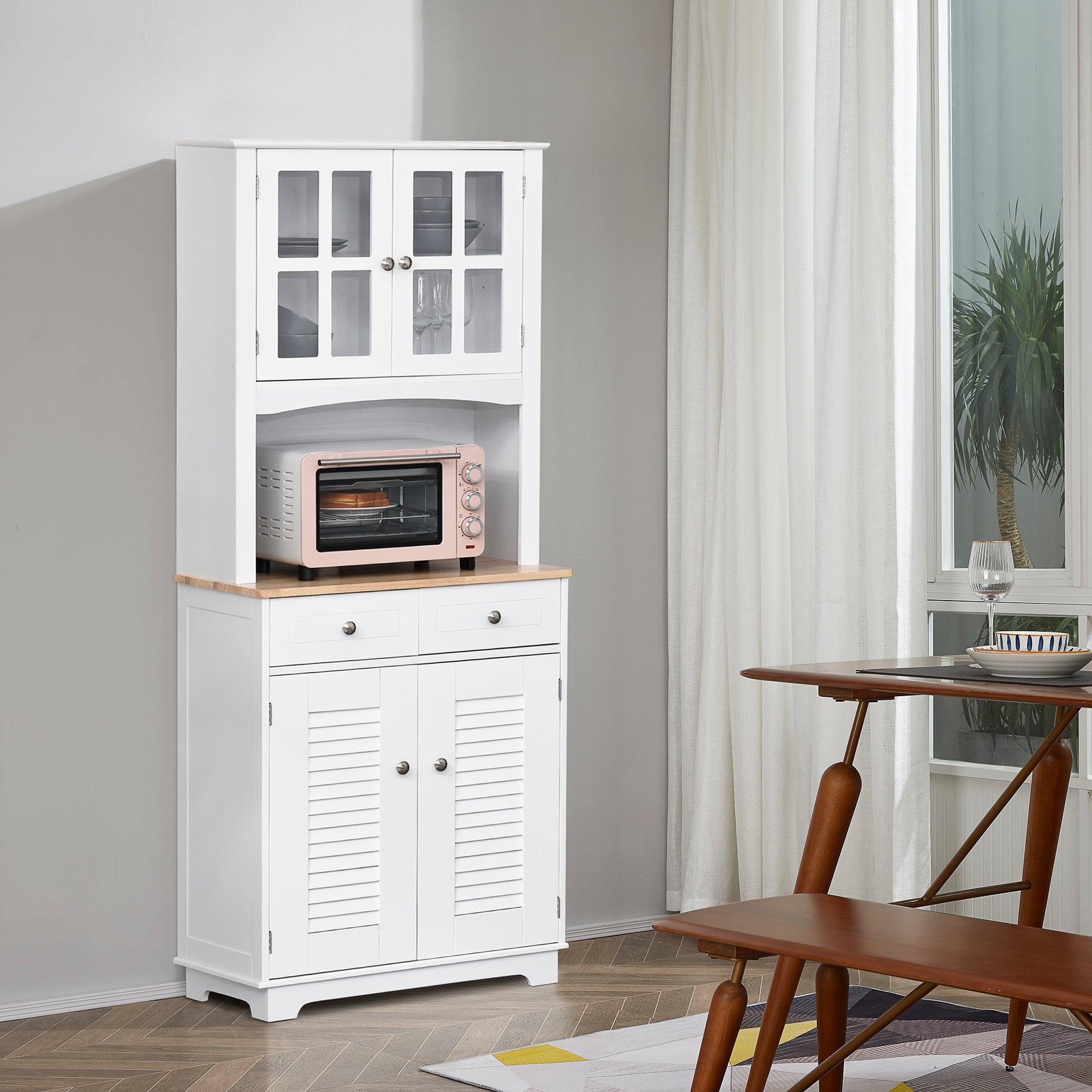 Coastal Kitchen Buffet with Glass & Storage - White 66.9"H-DECOROLALA