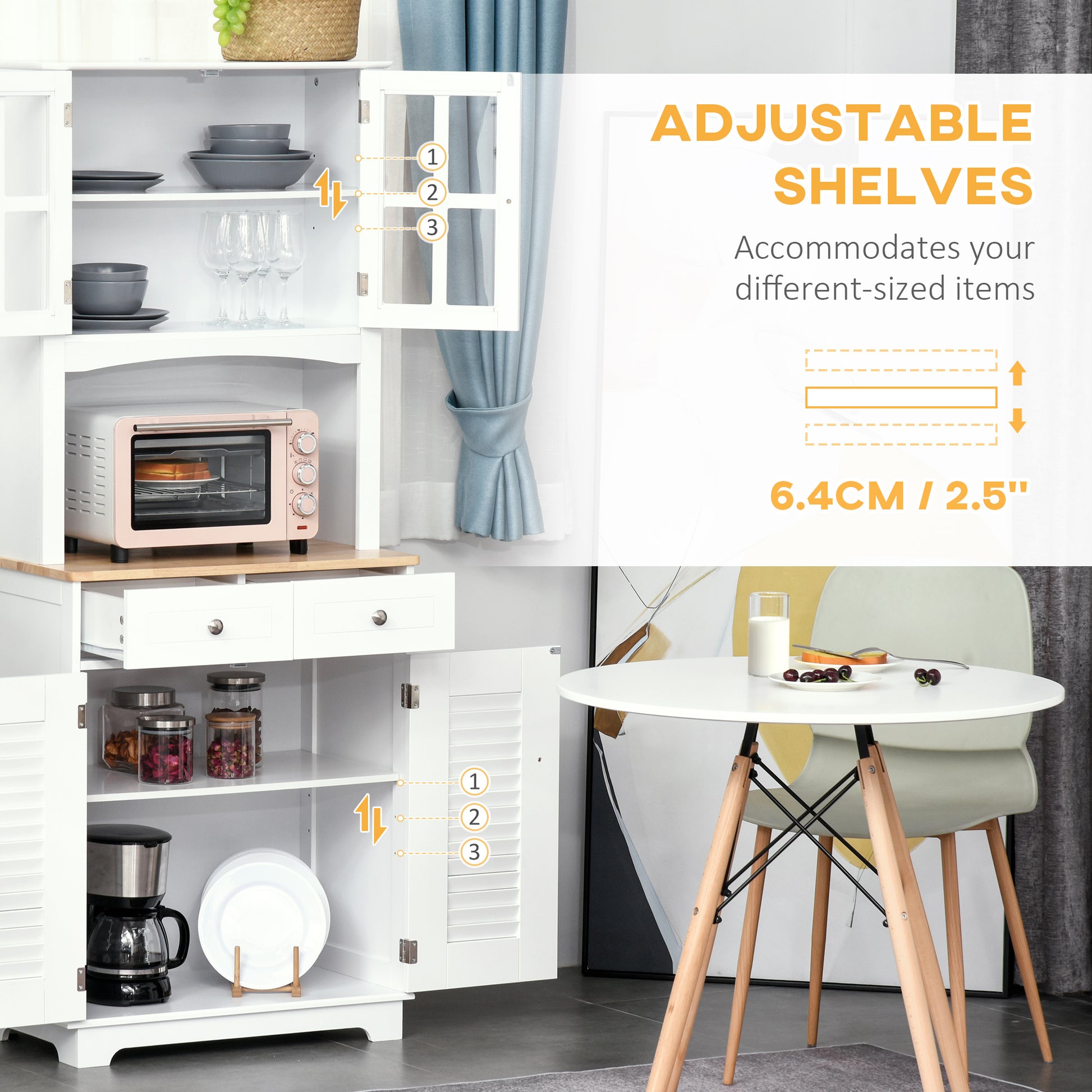 Coastal Kitchen Buffet with Glass & Storage - White 66.9"H-DECOROLALA