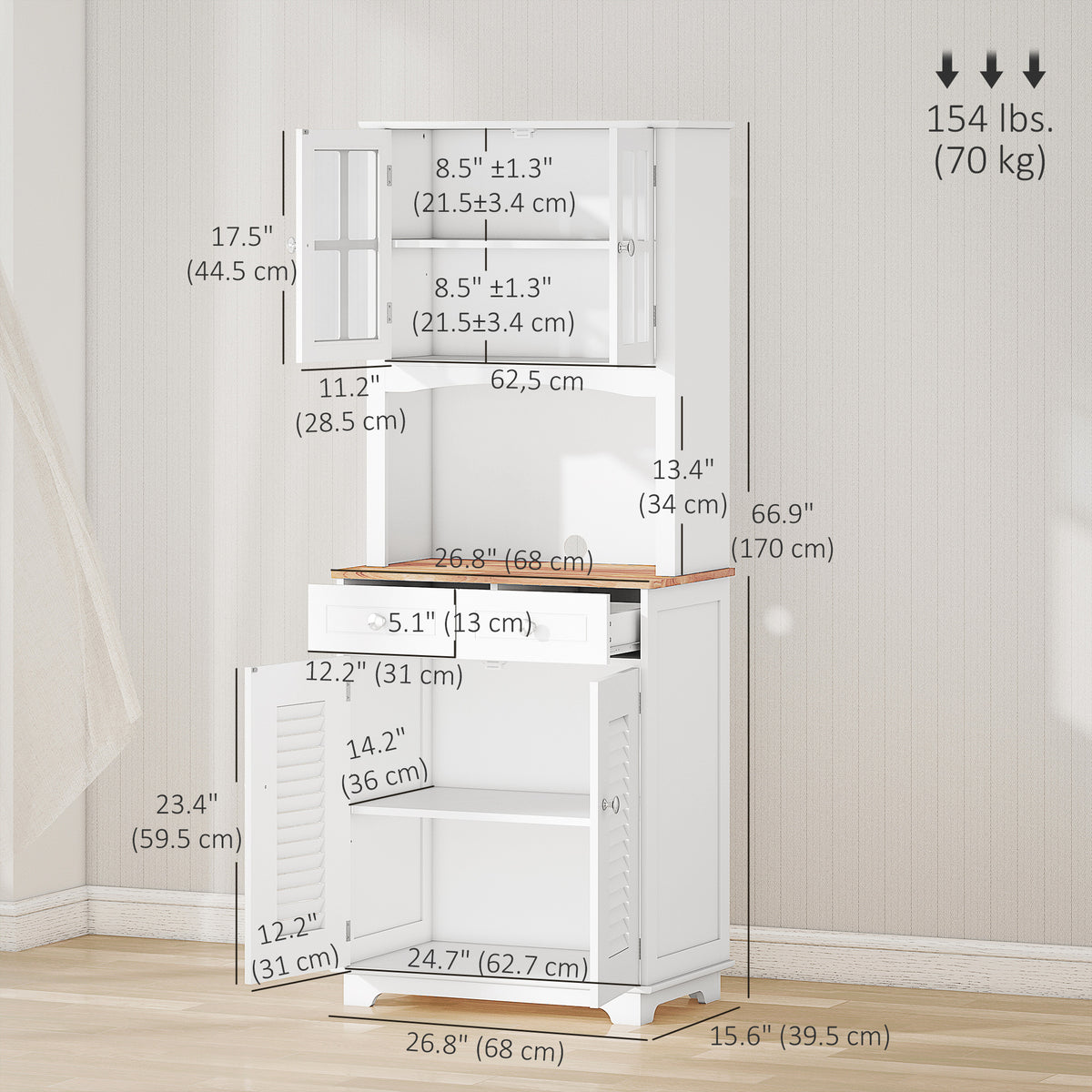 Coastal Kitchen Buffet with Glass & Storage - White 66.9"H-Bar Cabinets-DECOROLALA
