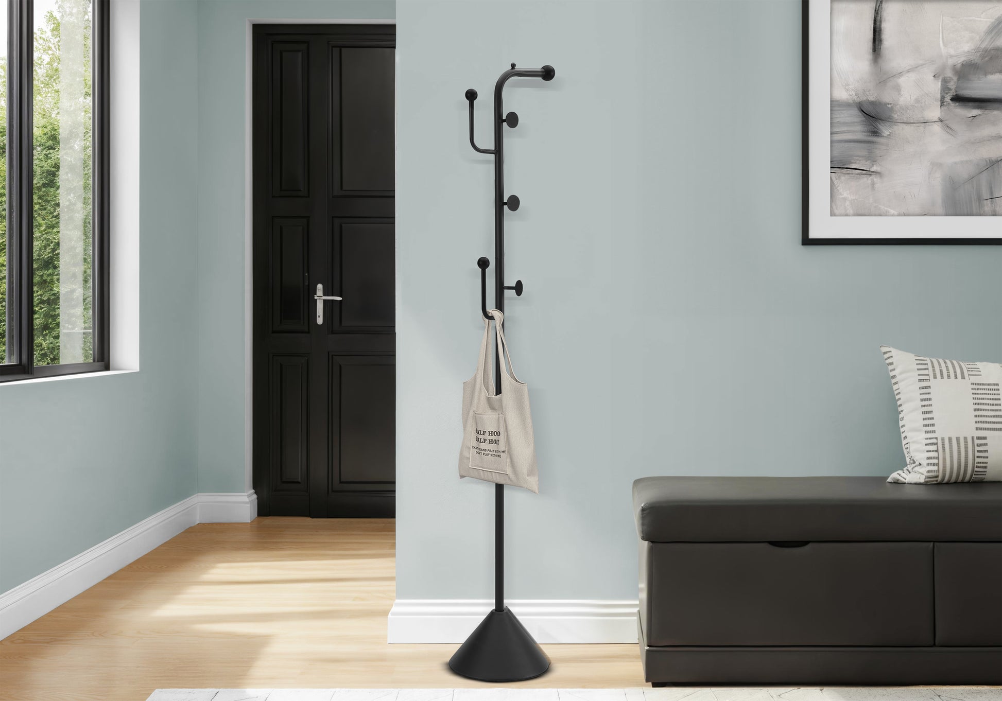 Coat Rack, 66"H, Hall Tree, 6 Hooks, Entryway, Bedroom, Black Metal, Contemporary-DECOROLALA