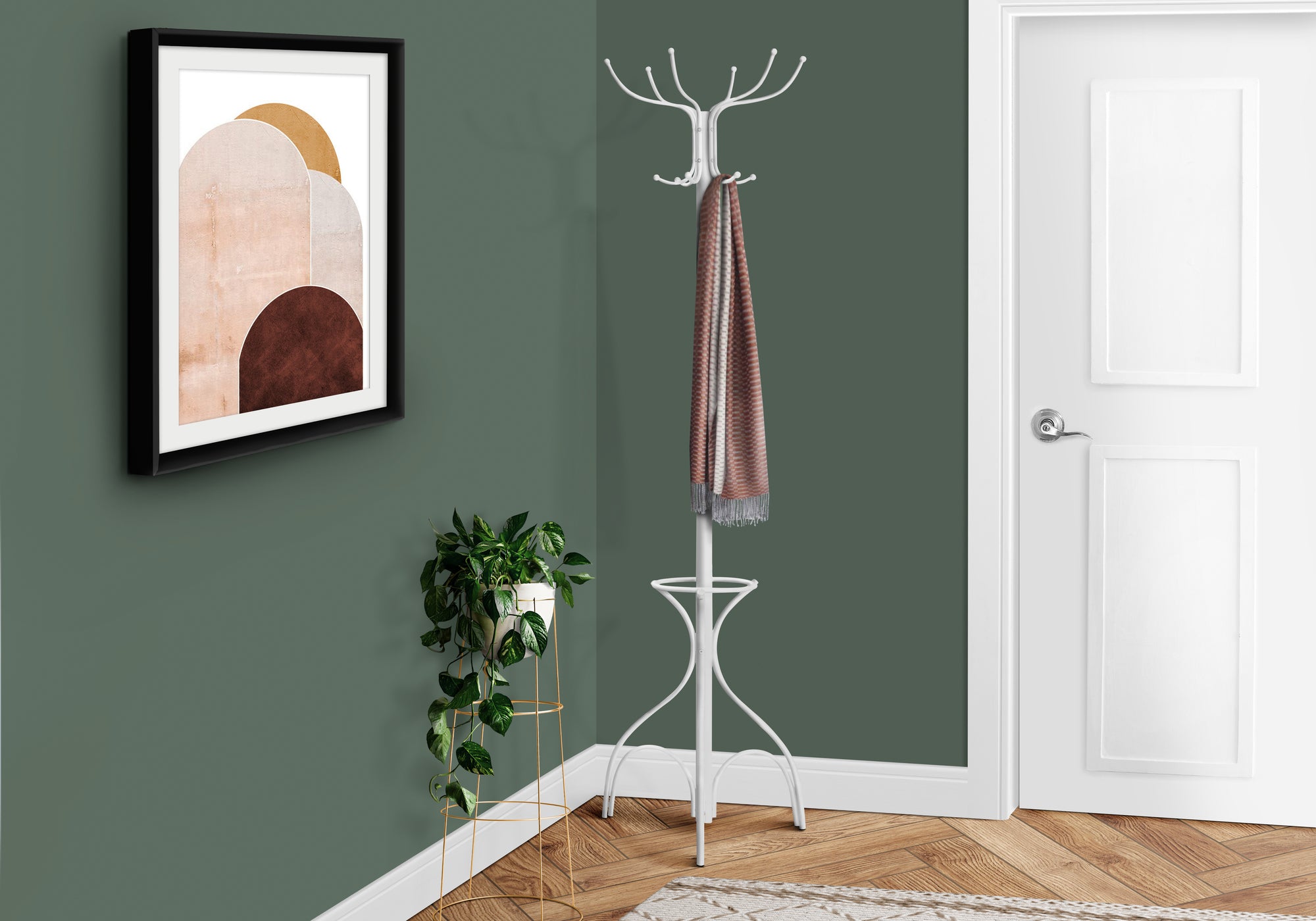 Coat Rack - 70"H / White Metal With An Umbrella Holder-Coat Rack-DECOROLALA