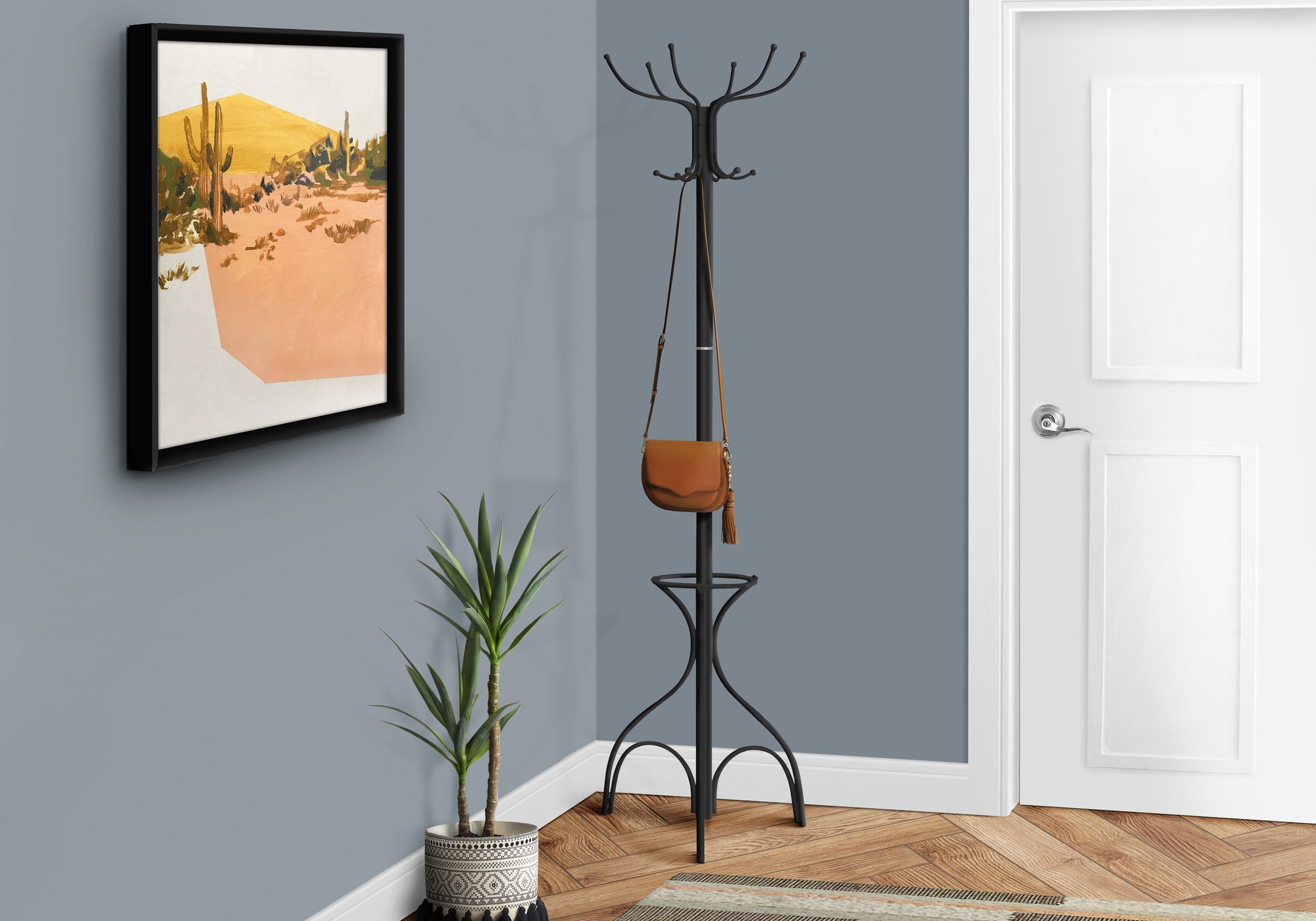 Coat Rack 70"H White Metal with Umbrella Holder 12 Hooks-Coat Rack-DECOROLALA