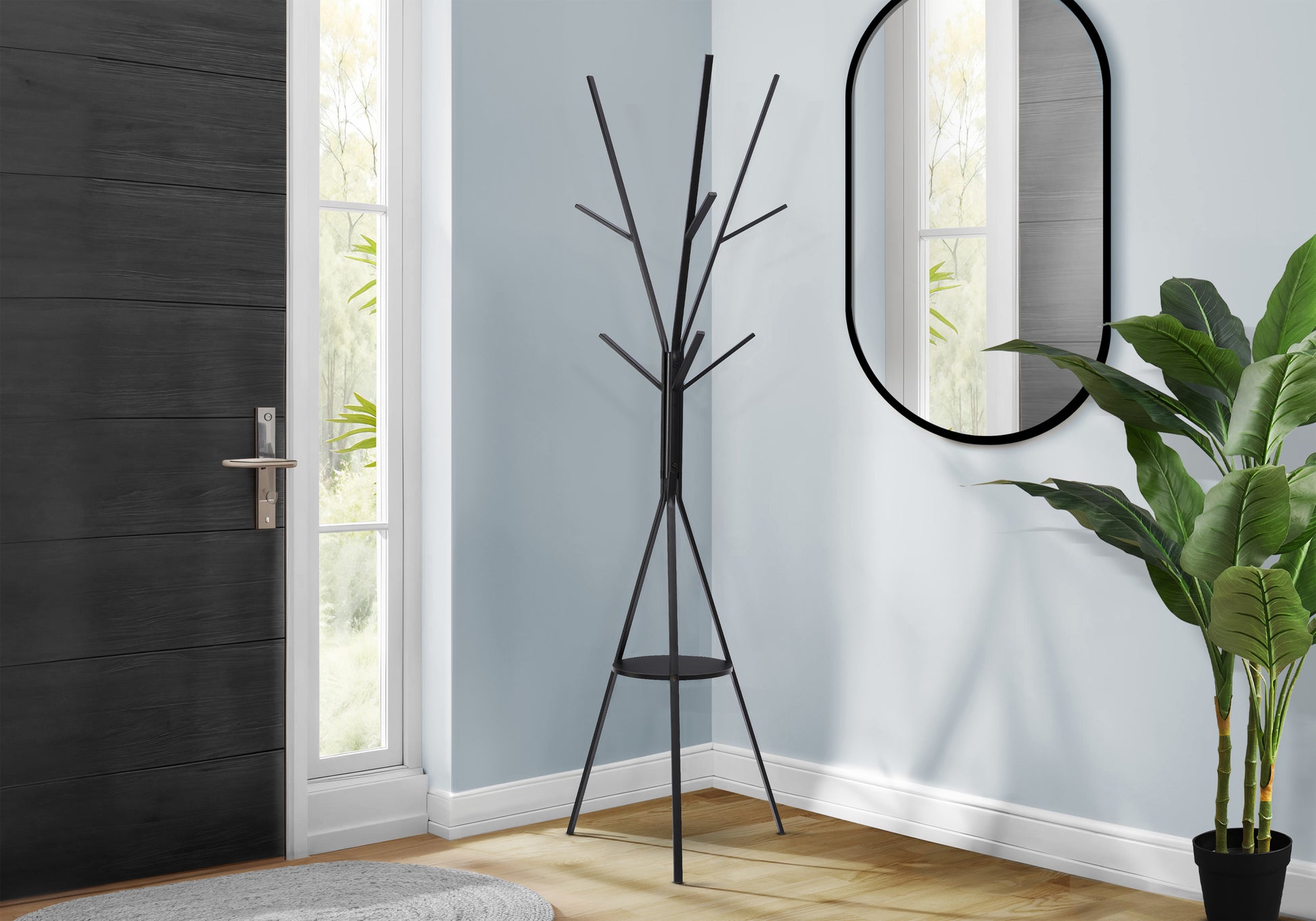 Coat Rack, 72"H, Bedroom, Entryway, Hall Tree, 6 Hooks, Black Metal, Contemporary, Modern-DECOROLALA