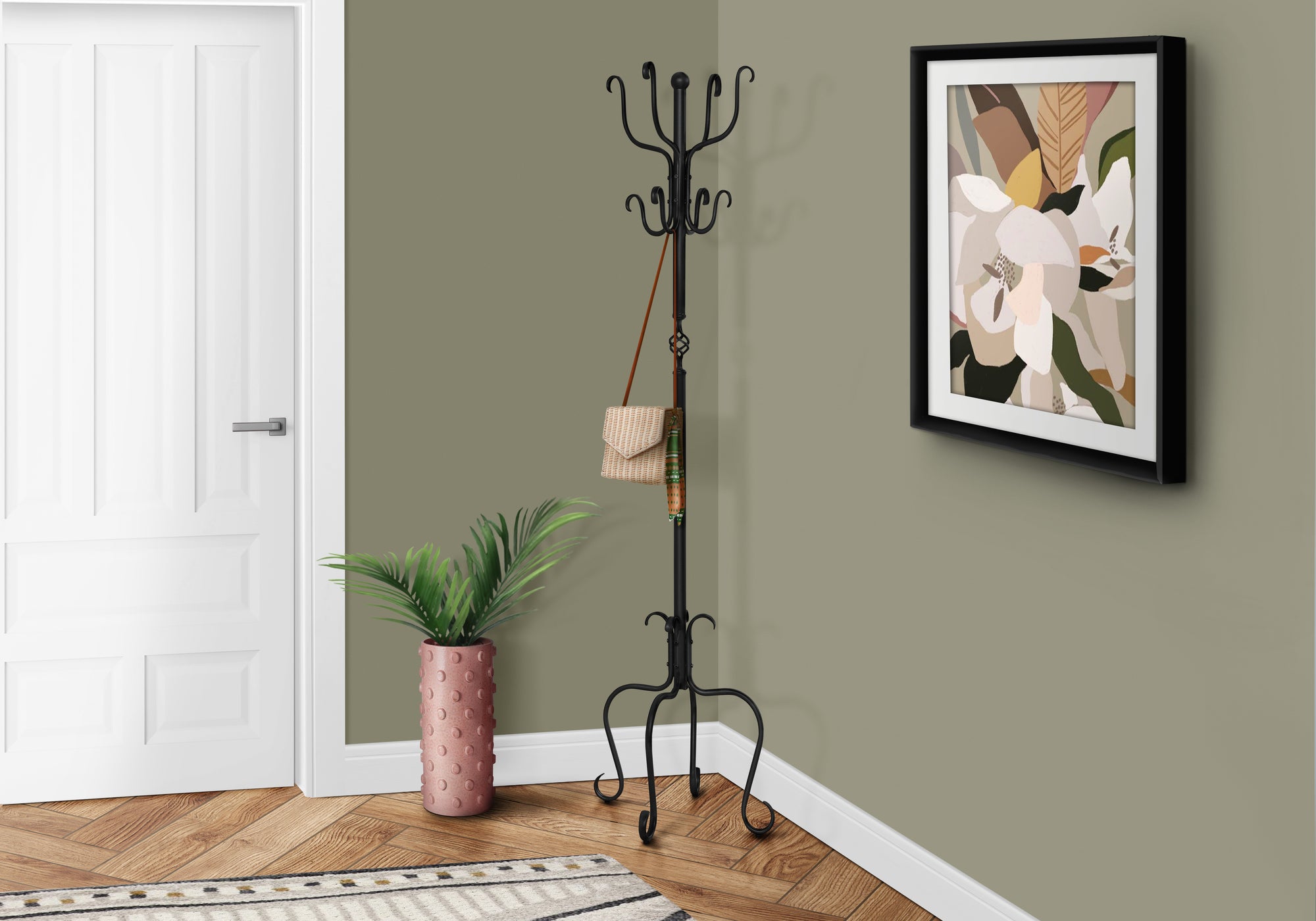 Coat Rack 74"H Hammered Black Metal 8 Hooks-Coat Rack-DECOROLALA