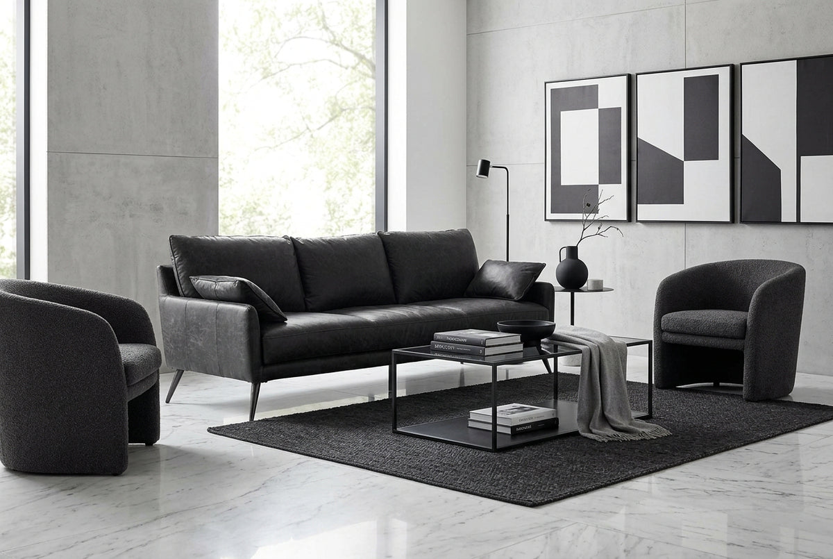 Cochrane 82L x 33W x 32.3 Black Leather Three Seater Sofa-Sofa & Sectionals-DECOROLALA