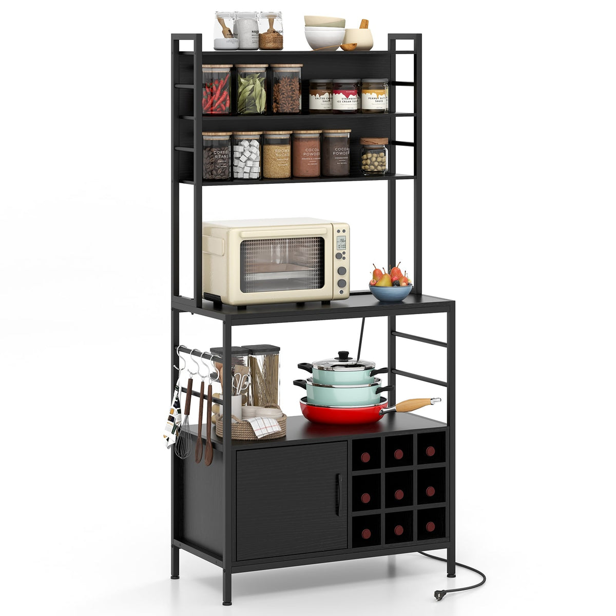 Coffee Bar Cabinet with S-Shaped Hooks and Wine Bottle Holders-Black-Wine Racks-DECOROLALA
