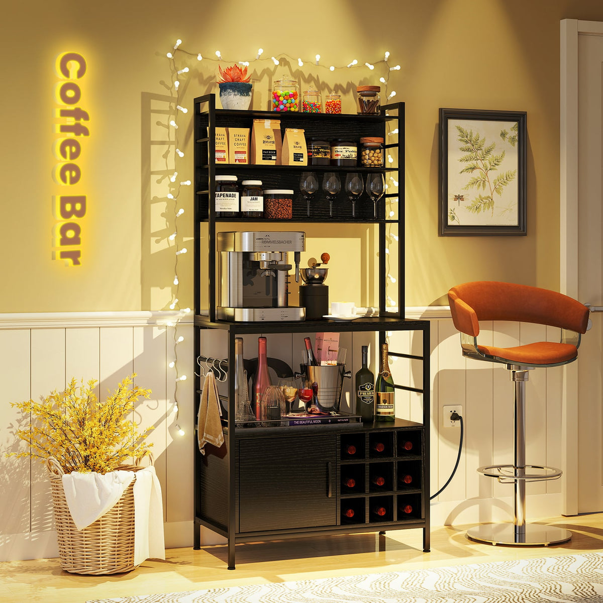 Coffee Bar Cabinet with S-Shaped Hooks and Wine Bottle Holders-Black-Wine Racks-DECOROLALA