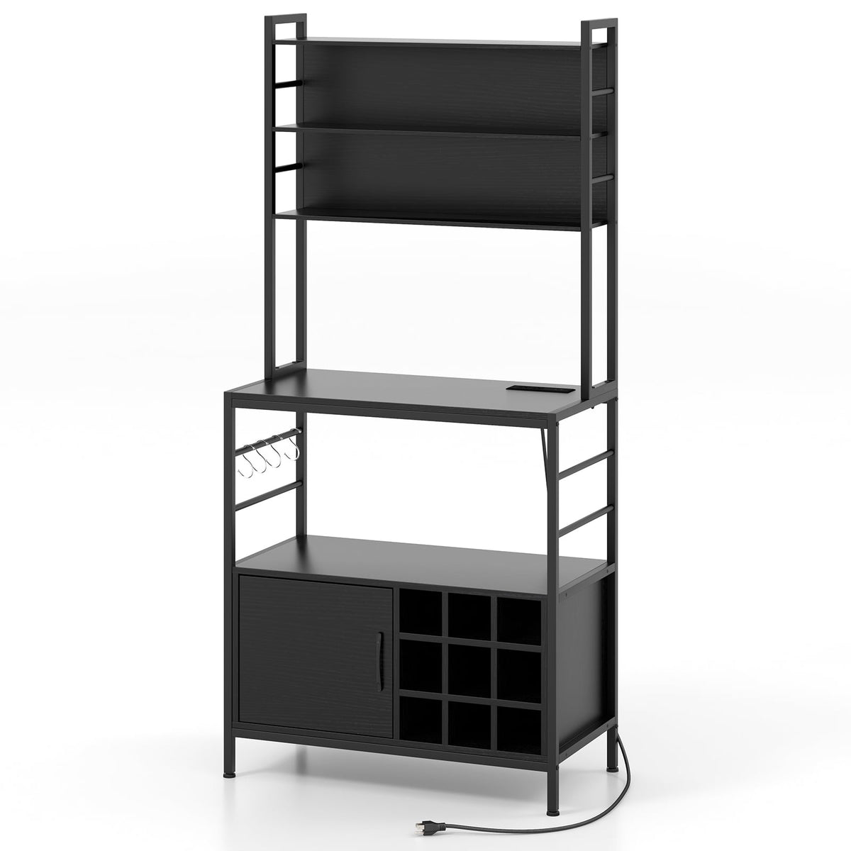 Coffee Bar Cabinet with S-Shaped Hooks and Wine Bottle Holders-Black-Wine Racks-DECOROLALA