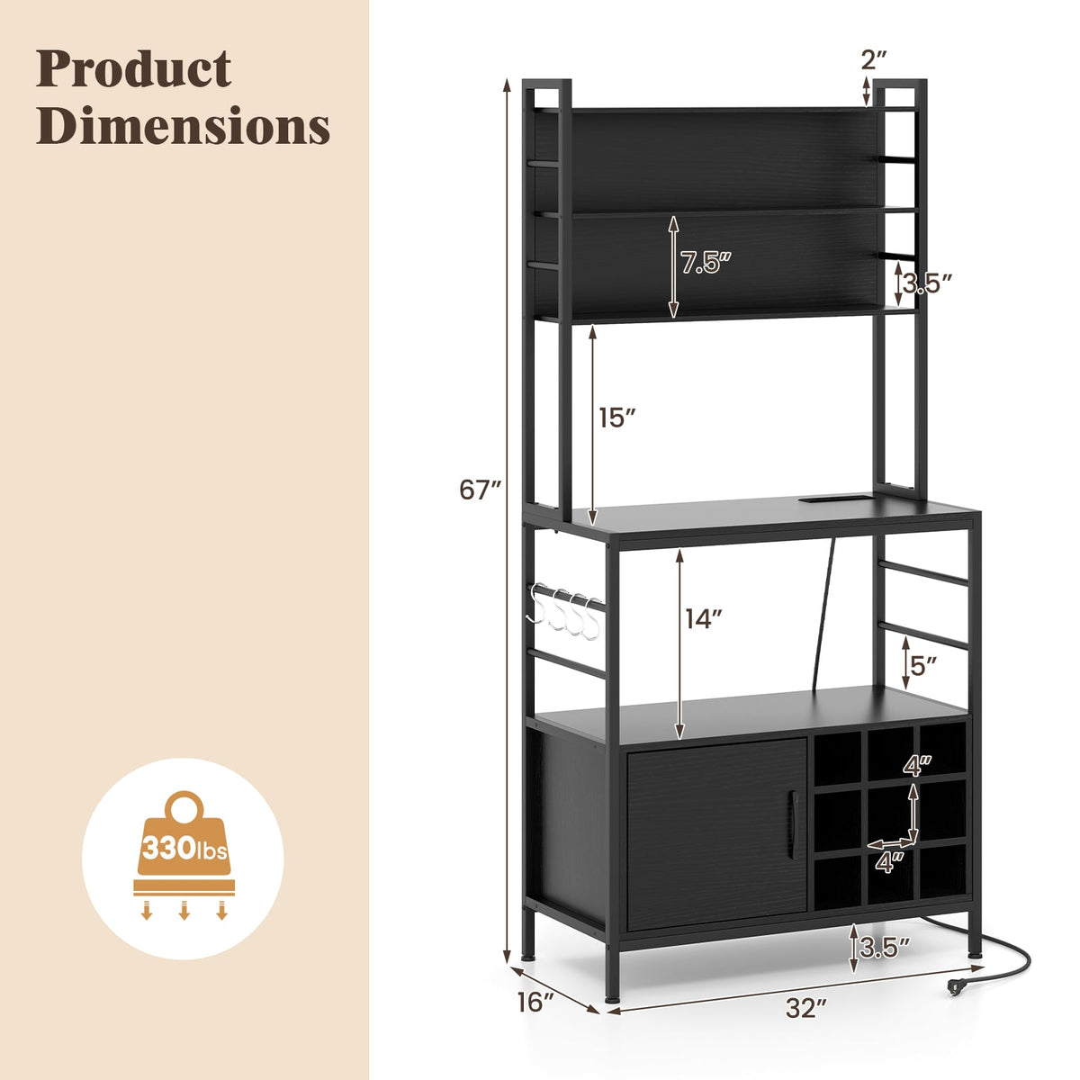 Coffee Bar Cabinet with S-Shaped Hooks and Wine Bottle Holders-Black-Wine Racks-DECOROLALA