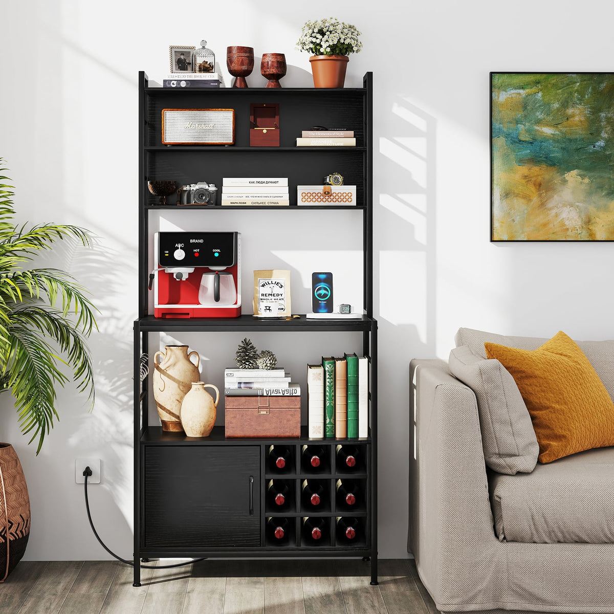 Coffee Bar Cabinet with S-Shaped Hooks and Wine Bottle Holders-Black-Wine Racks-DECOROLALA