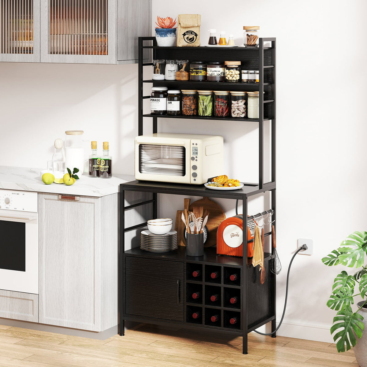 Coffee Bar Cabinet with S-Shaped Hooks and Wine Bottle Holders-Black-Wine Racks-DECOROLALA