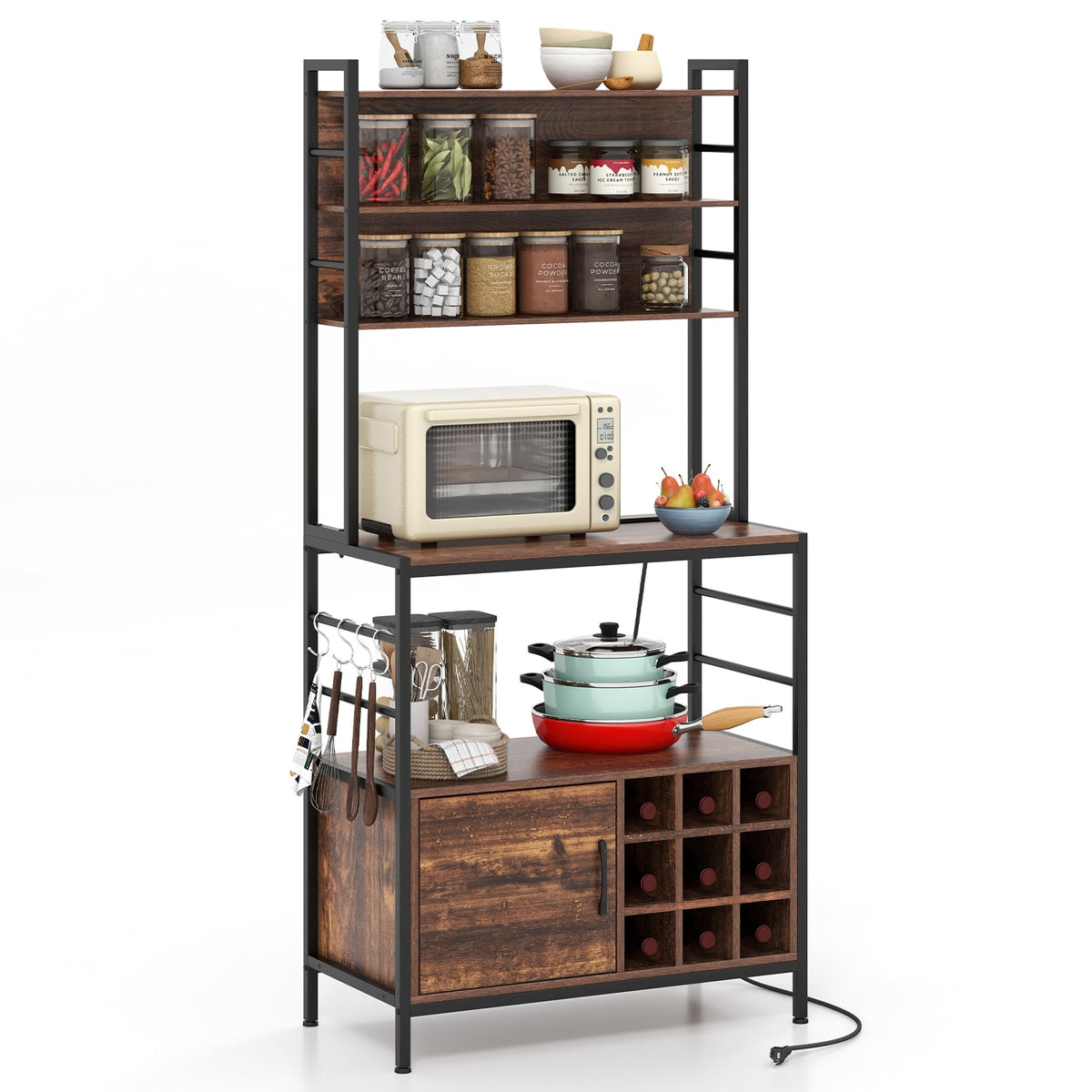 Coffee Bar Cabinet with S-Shaped Hooks and Wine Bottle Holders-Rustic Brown-Wine Racks-DECOROLALA
