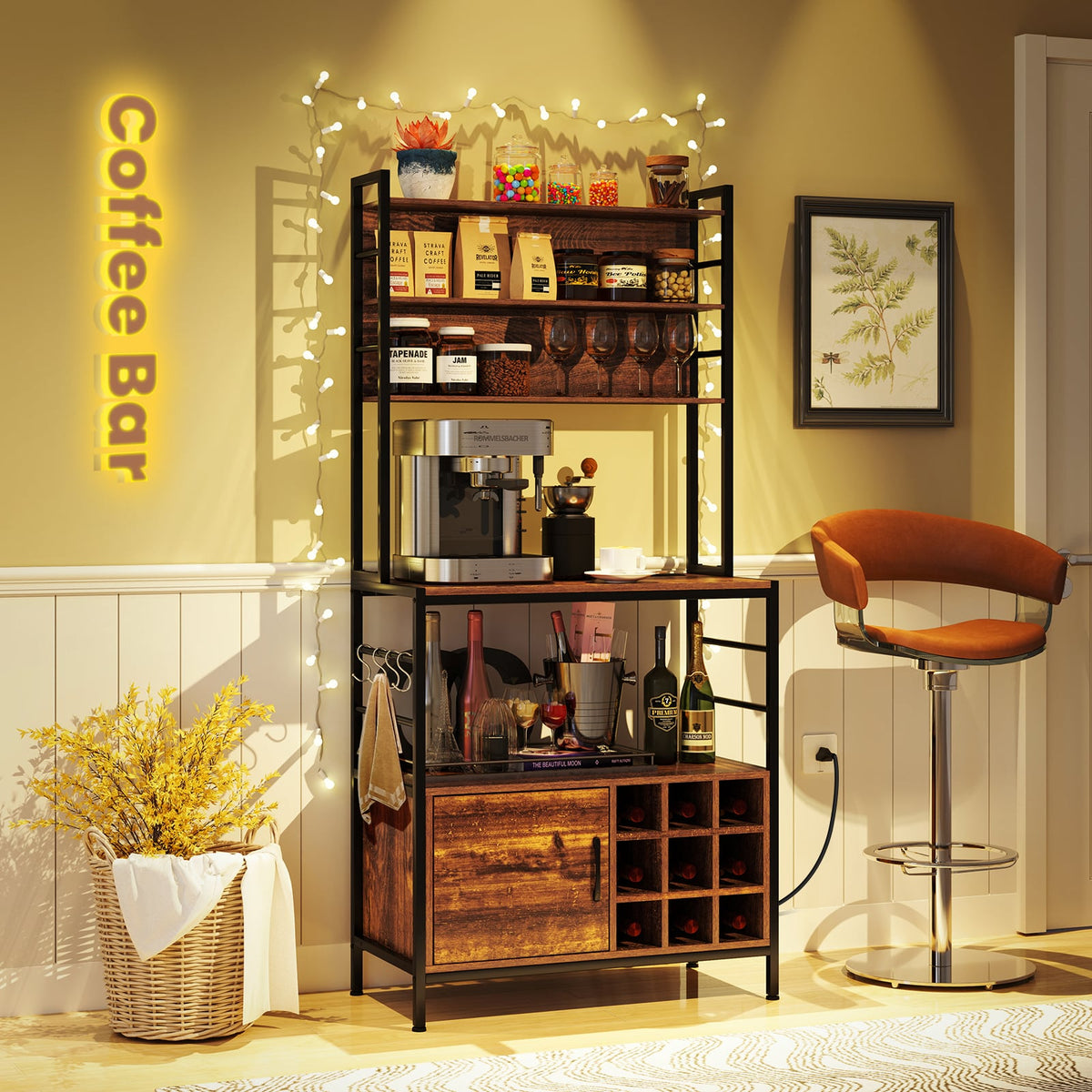 Coffee Bar Cabinet with S-Shaped Hooks and Wine Bottle Holders-Rustic Brown-Wine Racks-DECOROLALA