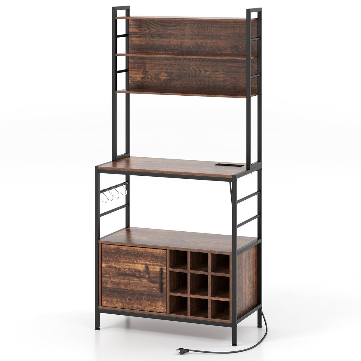 Coffee Bar Cabinet with S-Shaped Hooks and Wine Bottle Holders-Rustic Brown-Wine Racks-DECOROLALA