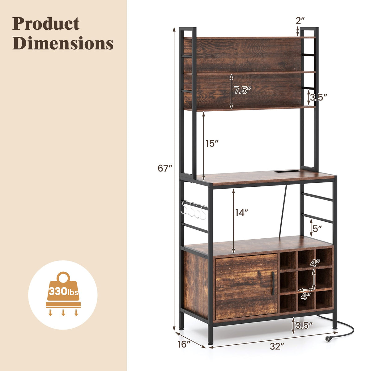 Coffee Bar Cabinet with S-Shaped Hooks and Wine Bottle Holders-Rustic Brown-Wine Racks-DECOROLALA