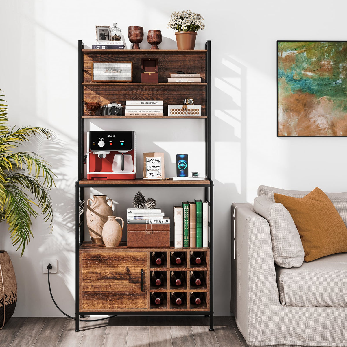Coffee Bar Cabinet with S-Shaped Hooks and Wine Bottle Holders-Rustic Brown-Wine Racks-DECOROLALA