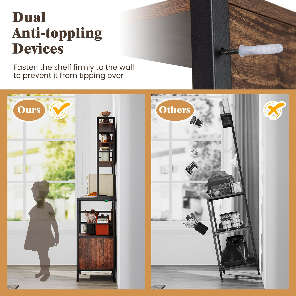 Coffee Bar Cabinet with S-Shaped Hooks and Wine Bottle Holders-Rustic Brown-Wine Racks-DECOROLALA