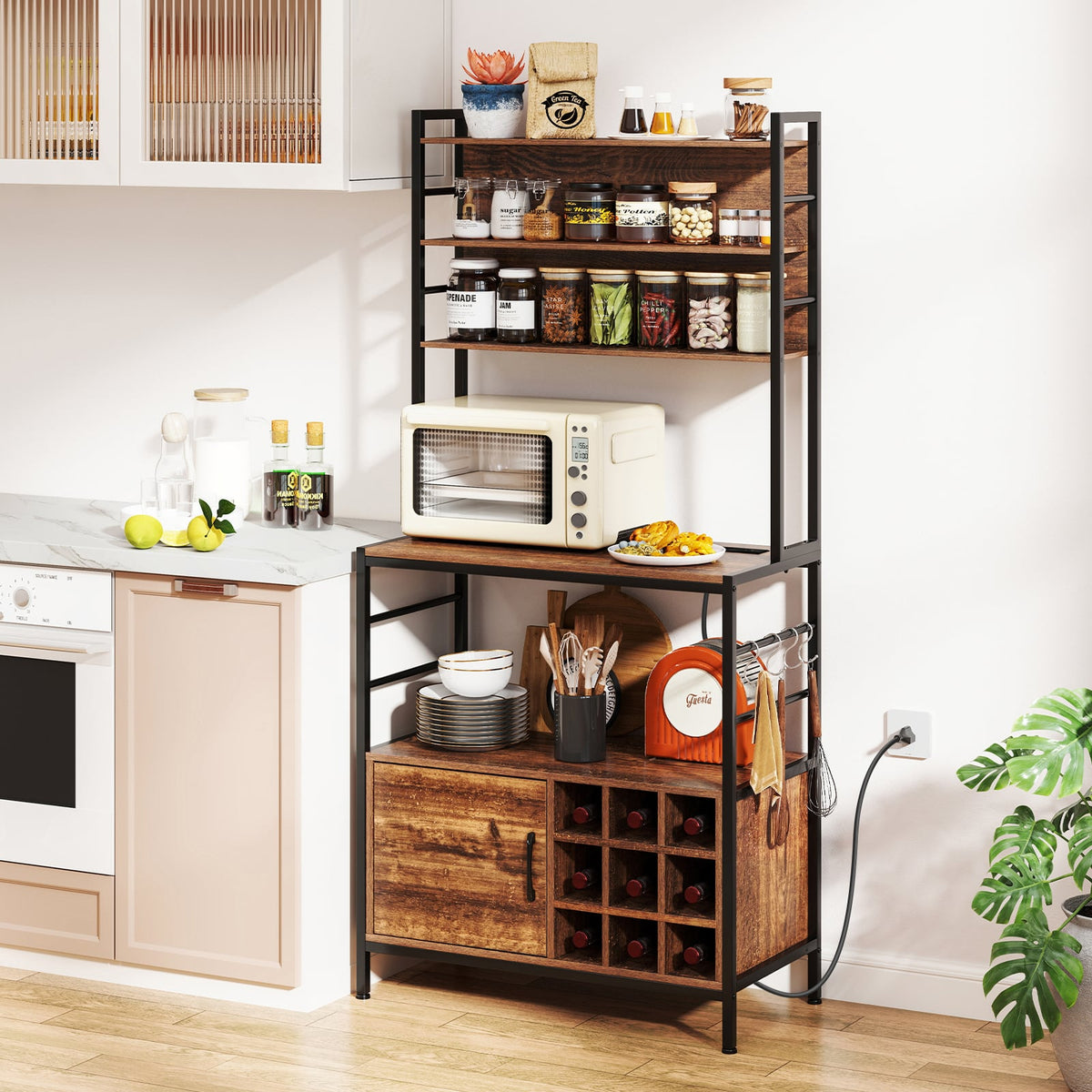 Coffee Bar Cabinet with S-Shaped Hooks and Wine Bottle Holders-Rustic Brown-Wine Racks-DECOROLALA
