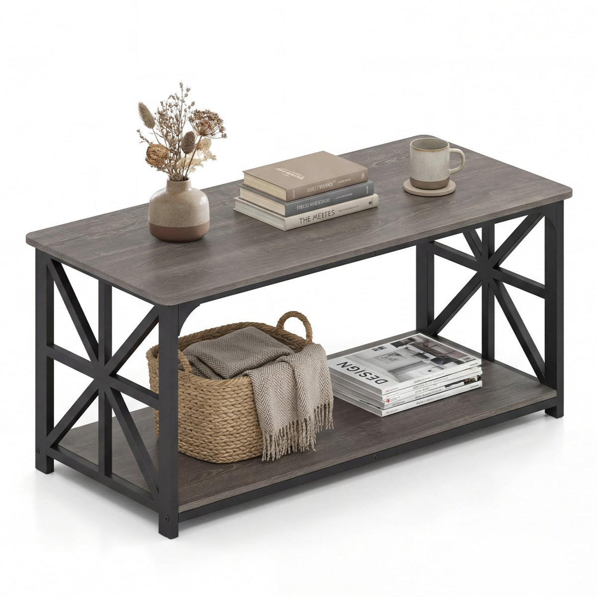 Coffee Table 2-Tier Center Table with Storage Shelf-Oak-Coffee Tables-DECOROLALA