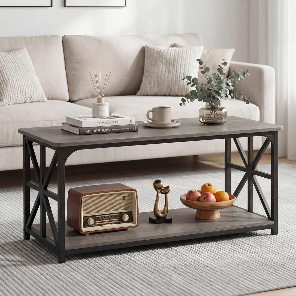 Coffee Table 2-Tier Center Table with Storage Shelf-Oak-Coffee Tables-DECOROLALA